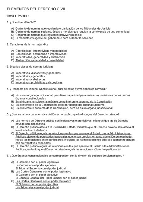 Test Derecho Civil Tema 1 Elementos Del Derecho Civil Tema 1 Prueba 1 ¿qué Es El Derecho A