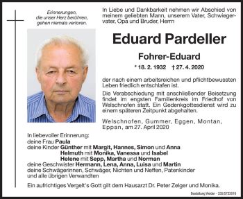 Traueranzeigen Von Eduard Pardeller Trauer Bz