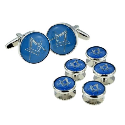 Blue Silver Enamelled Masonic Cufflinks 5 Button Stud Set With