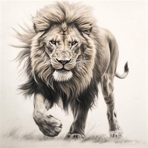 A Drawing Of A Lion Walking Across A Grass Covered Field Generative Ai