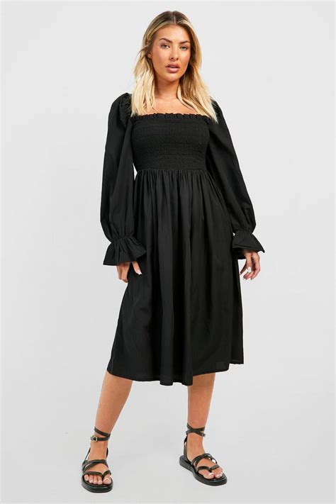 Puff Sleeve Shirred Midi Dress Boohoo