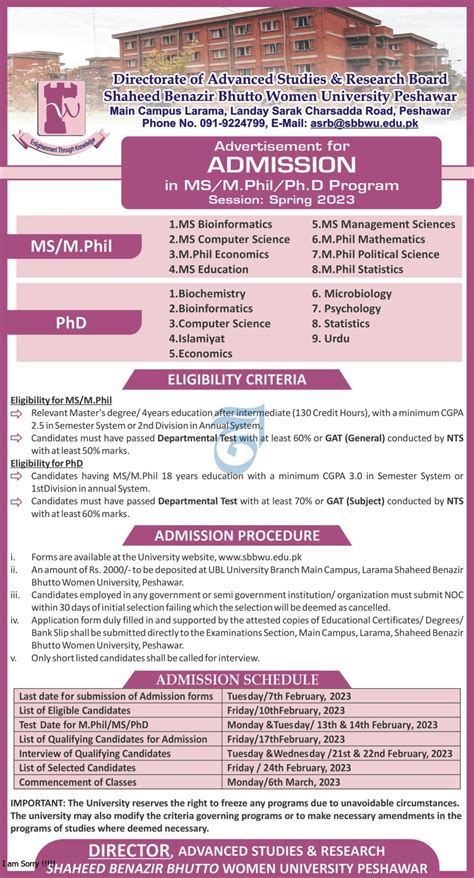 SBBWU Peshawar MS MPhil And PhD Admission 2023 Result Pk