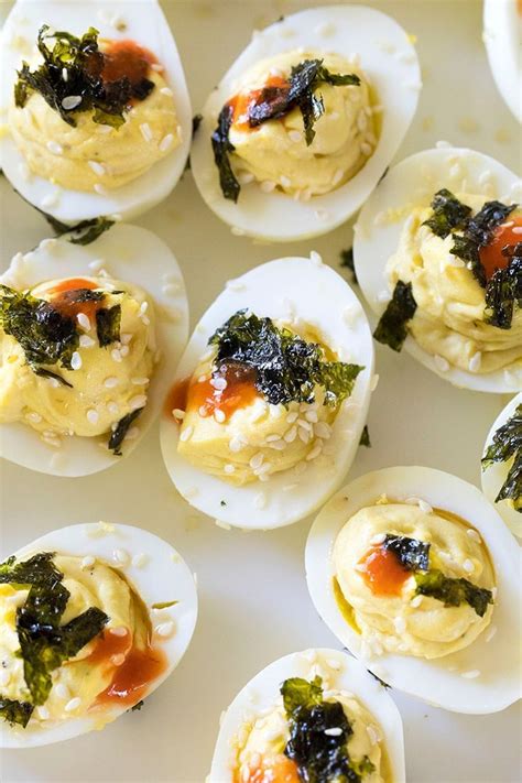 Japanese Inspired Deviled Eggs With A Wasabi Mayonnaise Filling Topped