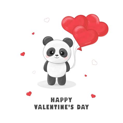 Carte De Voeux Saint Valentin Avec Panda Ballons En Forme De Coeur Sur