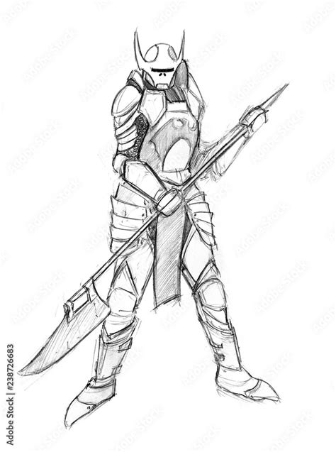 Black and white rough grunge pencil sketch of evil warrior knight ...