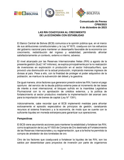 El Banco Central de Bolivia atribuye a serie de factores caída de las