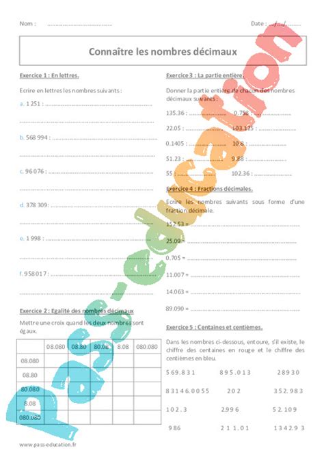 Nombres D Cimaux Me Exercices Pdf Imprimer