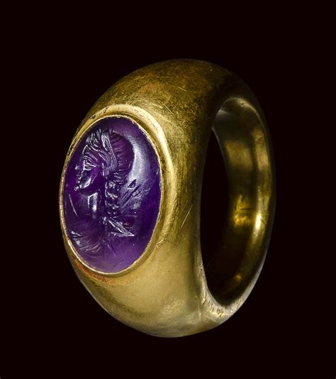 A Roman Amethyst Intaglio Set In A Large Ancient Gold Ring Bust Of