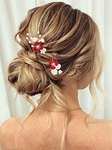 Amazon Latious Wedding Bridal Hair Pins Red Flower Bride Hair