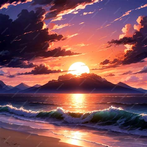 Premium Photo | Anime scenery of a sunset over the ocean