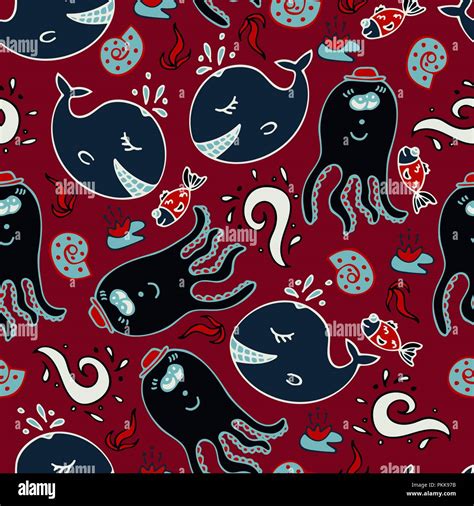 Dark Seamless Pattern With An Octopus And Fishes Stock Vector Image