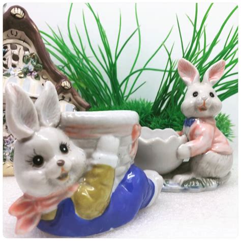 Easter Rabbits With Their Egg Cups S Set Of Two Etsy Easter