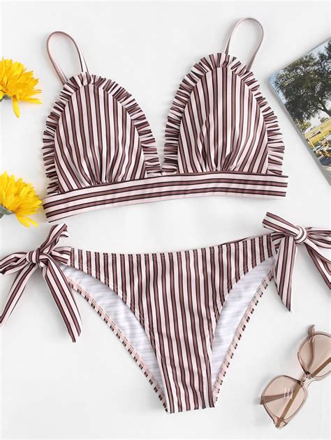 Frill Trim Striped Bikini Set SheIn Sheinside