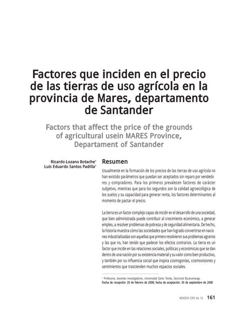 Pdf Factores Que Inciden En El Precio De Las Tierras De Uso Agrícola