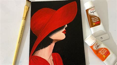 Lady In Red Hat Acrylic Painting A Girl Hiding Under A Hat How To