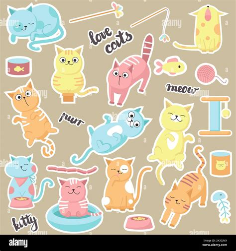 Bonitas Pegatinas De Gatos Vector Dibujado A Mano Ilustración De Gatos Felices Del Amor