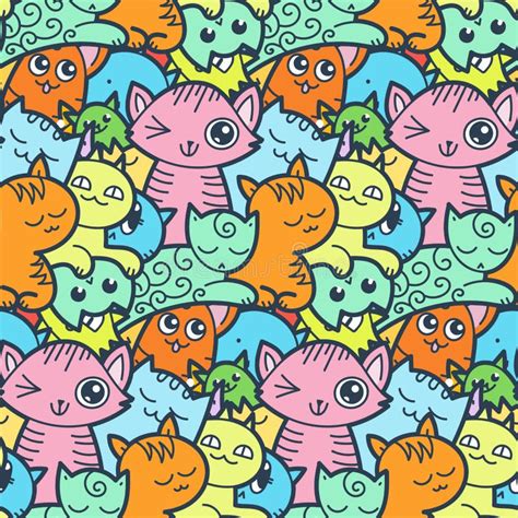 Funny Doodle Cats And Kittens Seamless Pattern For Prints Designs And