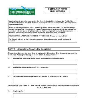 Fillable Online Complaint Form High Hedges Richmondshire District