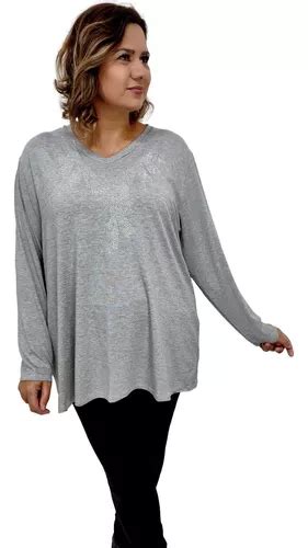 Blusa Bata Plus Size Manga Longa Malha Lisa Strass No Busto