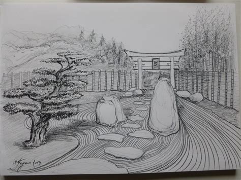 A Drawing Of A Japanese Garden With Rocks And Trees