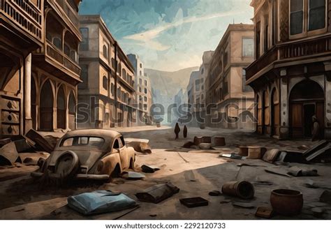 Watercolor Painting Post Apocalypse Abandoned City Stock Illustration