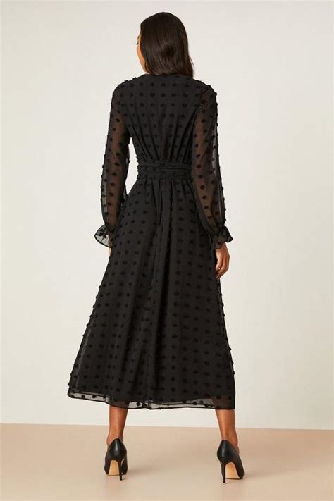 Dresses Black Chiffon Dobby Tie Waist Midi Dress Dorothy Perkins