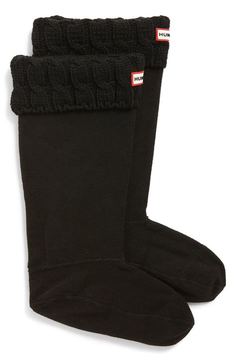 Hunter Fleece Original Tall Cable Knit Cuff Welly Boot Socks In Black