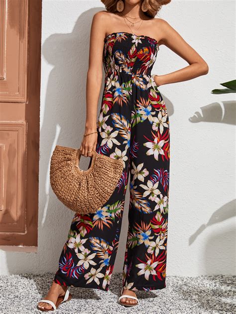 Shein Vcay Tropical Print Tube Wide Leg Jumpsuit Shein Usa