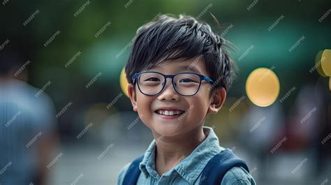 Premium Ai Image Happy Satisfied Asian Boy Wearing Glasses Portrait