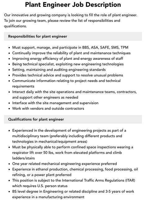 Plant Engineer Job Description Velvet Jobs