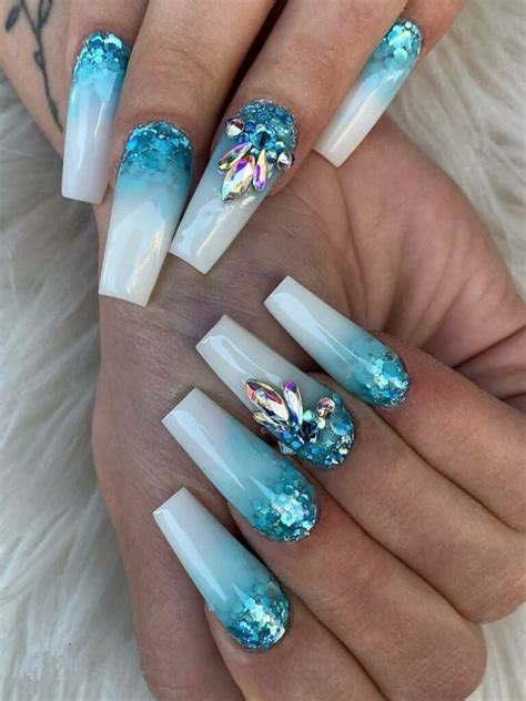 Long Coffin Shaped Turquoise Ombre Nails With Glitter And Gems In