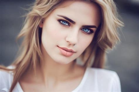 Premium Ai Image A Woman With Blue Eyes And A White Shirt