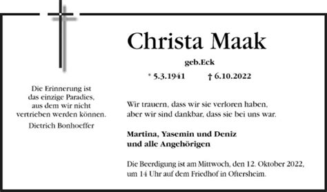 Traueranzeigen Von Christa Maak Trauerportal Ihrer Tageszeitung