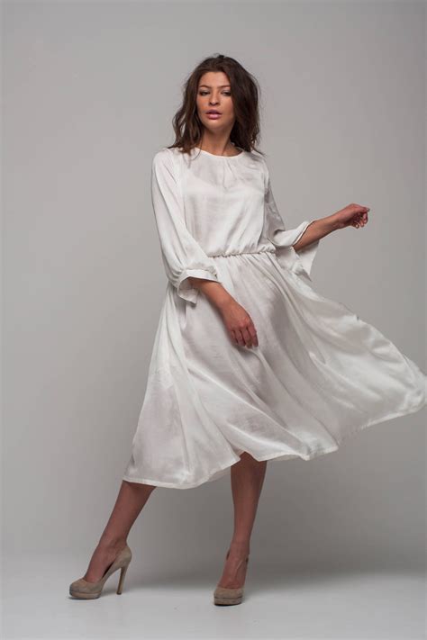 White Bridal Dress, Silk Loose Dress, Bridesmaid Midi Dress, Evening 3/ ...