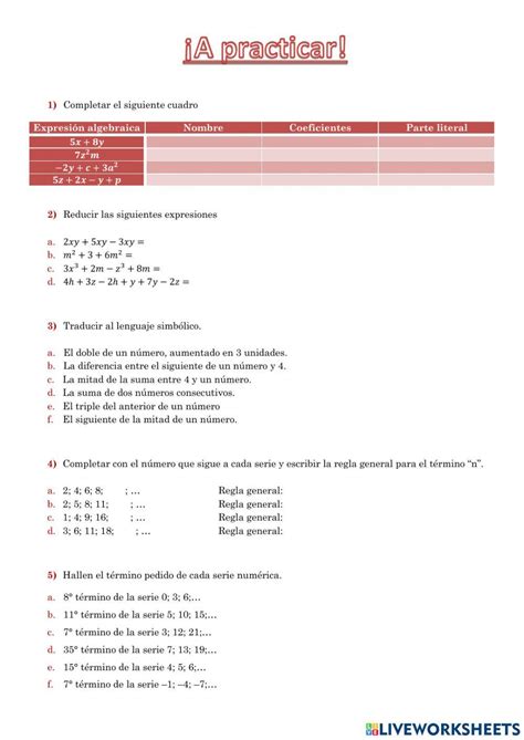 Expresiones Algebraicas Exercise For 1ro Secundaria Live Worksheets