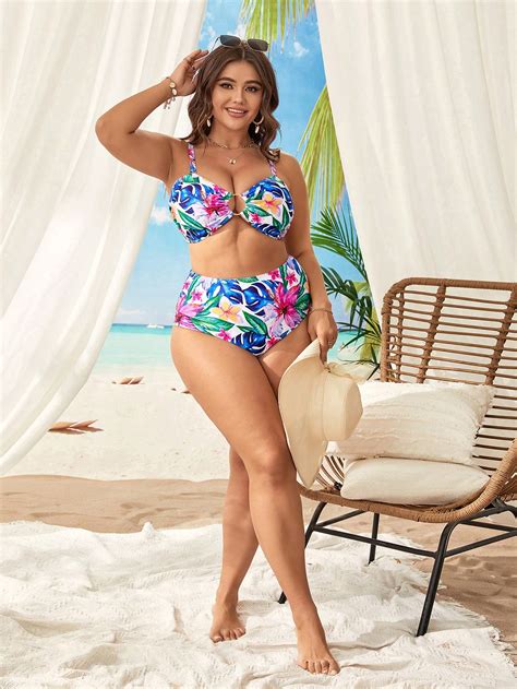 Shein Swim Vcay Plus Tropical Print Ring Linked Bikini Swimsuit Shein Usa