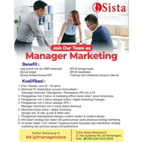 Lowongan Kerja Manager Marketing Perusahaan Sista Group Info Loker Solo