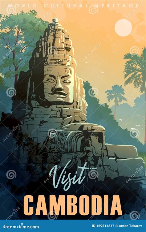 Buddha Temple In Angkor Wat Cambodia Vintage Travel Poster Stock