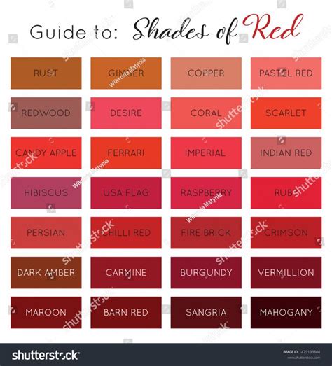 Guide Shades Red Color Palette Names Stock Vector Royalty Free