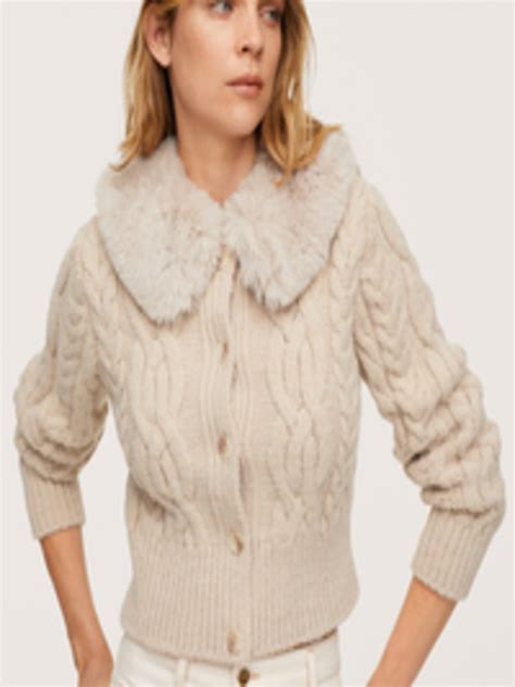 Buy Mango Women Beige Cable Knit Cardigan With Detachable Faux Fur