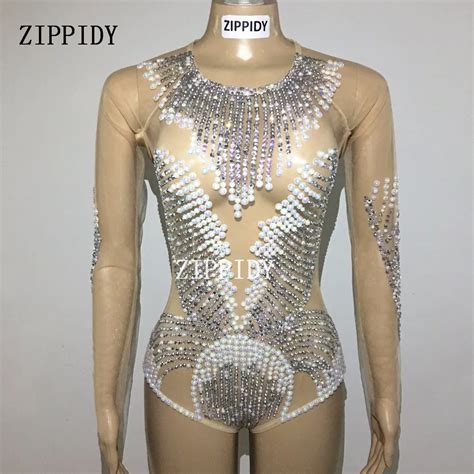 Sparkly Pearls Crystals Glisten Silver Rhinestones Bodysuit Party Performance Celebrate Outfit