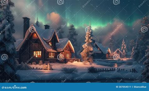 Winter Cabins Under Magical Northern Lights Resplendent Stock Image