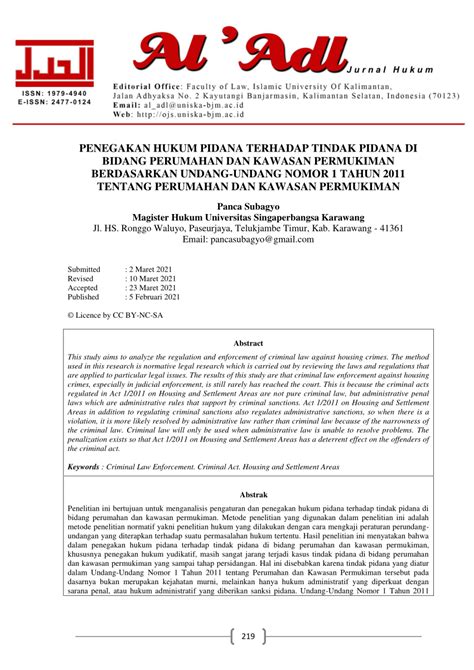 Pdf Penegakan Hukum Pidana Terhadap Tindak Pidana Di Bidang Perumahan