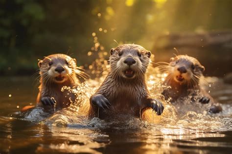 Premium AI Image | Group playful otters swimming in the river