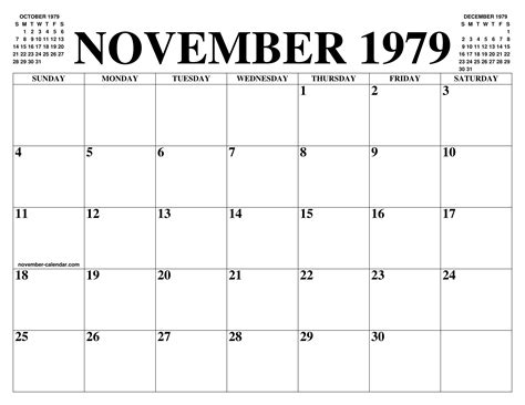 NOVEMBER 1979 CALENDAR OF THE MONTH FREE PRINTABLE NOVEMBER CALENDAR