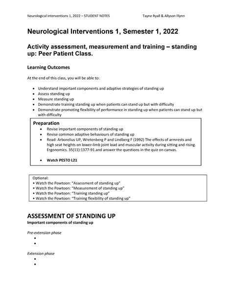 Standing Up Worksheet Neurological Interventions Semester