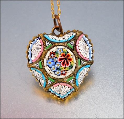 Italian Micro Mosaic Heart Necklace Vintage Pendant S