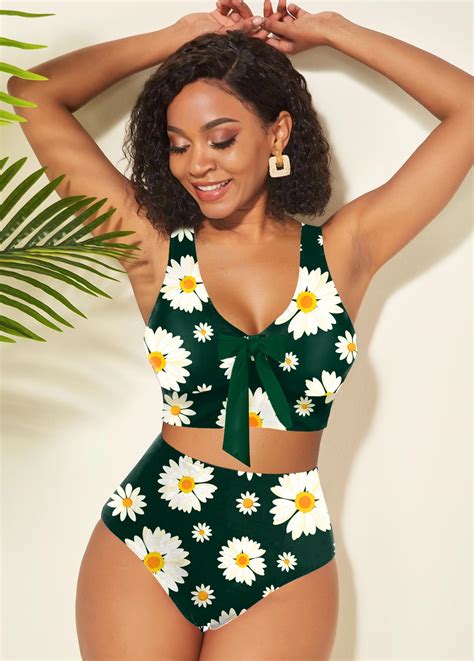 Bowknot Daisy Print High Waisted Bikini Set Rosewe USD 13 99