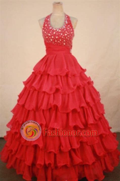 Popular Ball Gown Halter Top Floor Length Red Taffeta Beading Flower Gril Dress Style Fa L 428