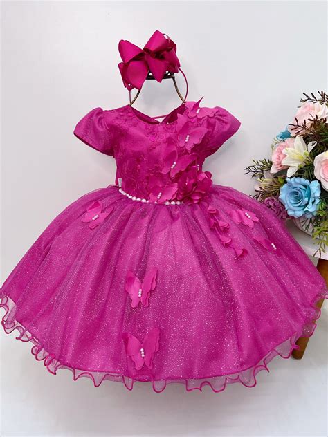 Vestido Infantil Pink C Aplique De Borboletas E Renda Flor Rosa